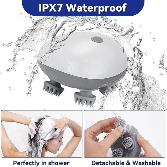 Gray handheld shower massager with water splashes and text indicating IPX7 waterproof rating, detachable, and washable features.