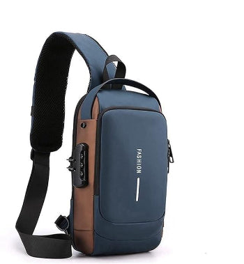 Anti-Theft sling bag with combination password lock, external USB charging port, waterproof fabric, and ergonomic shoulder strap