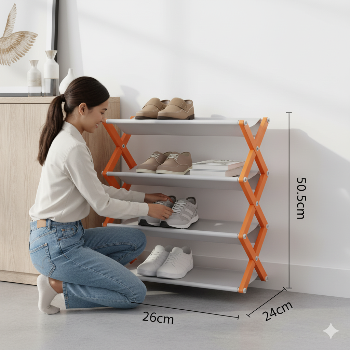 Woman organizing shoes on a white shoe rack with orange legs in a room.