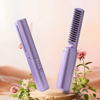 Purple hair straightener with comb attachment on a soft background with flowers