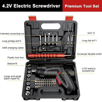4.2V Electric Screwdriver Premium Tool Set with components labeled