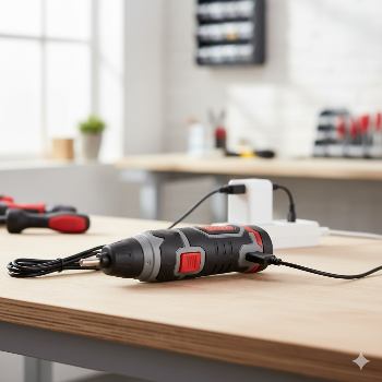 Black and red rotary tool on a wooden table with a blurred workshop background