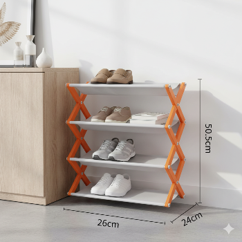 Shoe rack with shoes on a white wall background, showing dimensions.