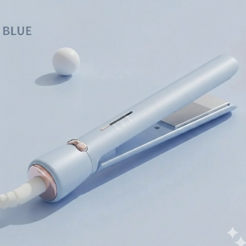 Blue hair straightener on a light blue background with 'BLUE' text.