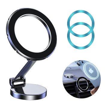 2-in-1 MagSafe magnetic foldable phone mount for car dashboard, air vent, and desktop kickstand with strong magnetic ring
