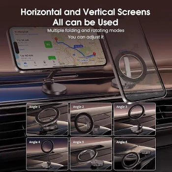 Phone holder with adjustable angles on a car dashboard, showing multiple viewing positions.