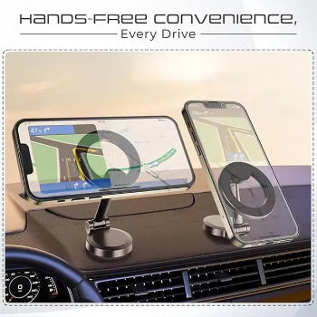 Car phone holder with smartphone on a dashboard, displaying navigation app.