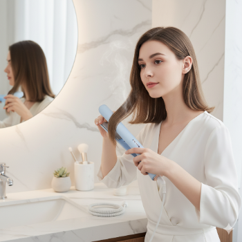 Woman using a hair straightener in front of a mirror in a bathroom.