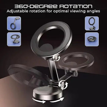 Chrome and black magnetic phone holder shown on a desk and installed in a car air vent, with blue metallic rings for MagSafe compatibility