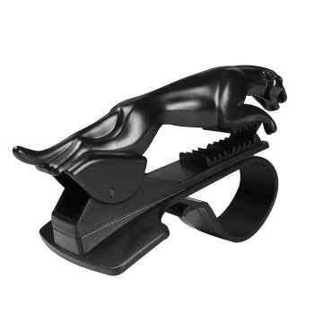 Unique car phone mount featuring a leaping black panther sculpture, holding a white smartphone on an automotive dashboard